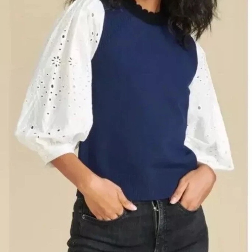 Rare Veronica Beard Roy Mixed Media Eyelet Sleeve Sweater